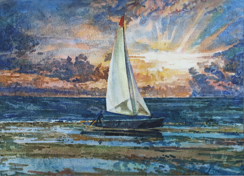 Закат на Северном море, художник Степан Климчук, акварель, 50x70см