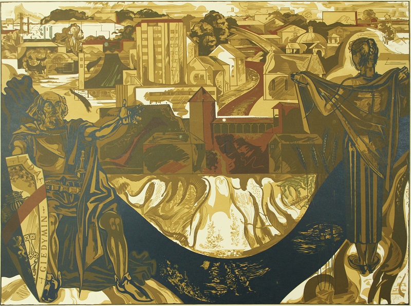 Гедемин, город Лида, художник Степан Климчук, цветная линогравюра, 53x70см