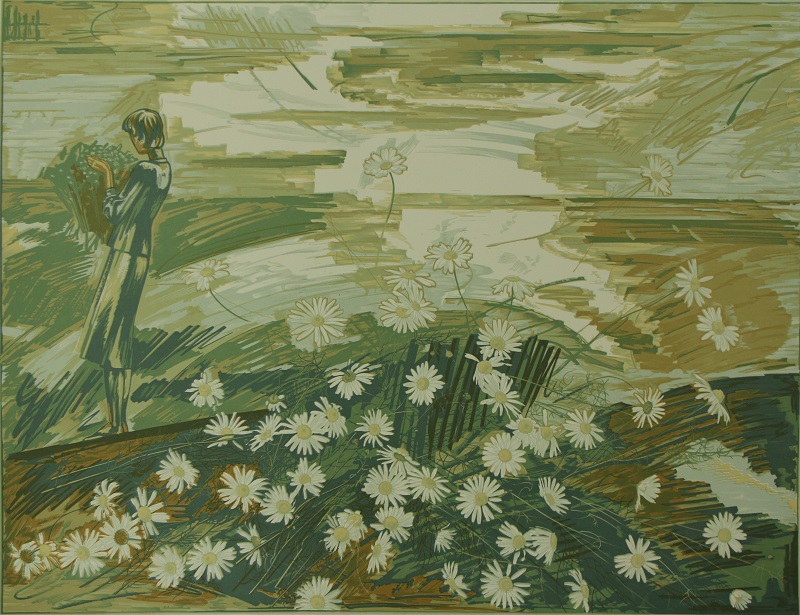 Ромашки, художник Степан Климчук, цветная линогравюра, 51x67см
