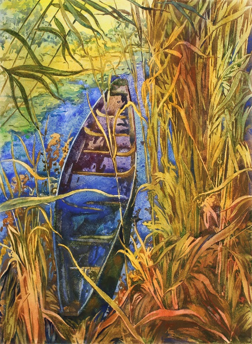Лодка в заводи, художник Степан Климчук, акварель, 55x62см